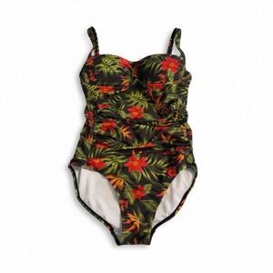 Nicole Miller Black Tropical Floral One-Piece Swimsuit with Red & Green Print